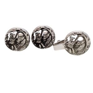Fishing Cufflinks Tie Clip Silver Tone Fish Angler Mens Vtg Sportsman Clasp Bar